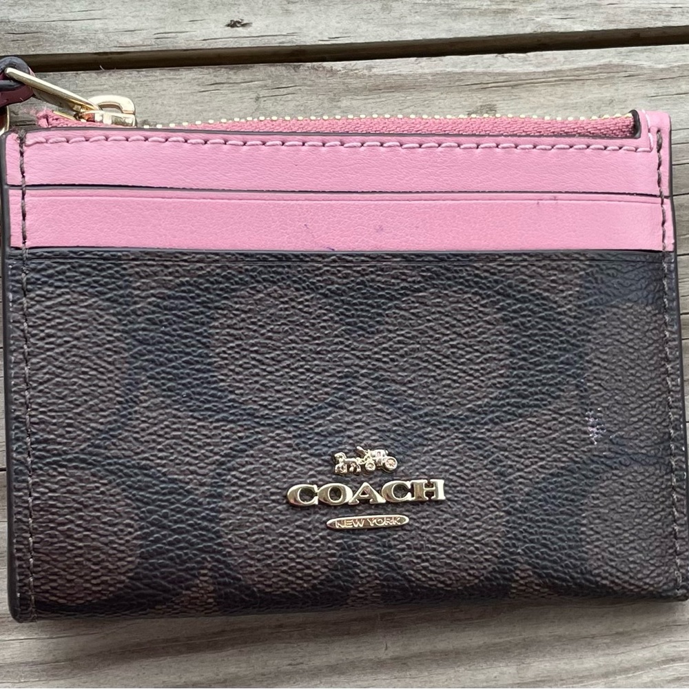 COACH Signature ID Mini Skinny Wallet TRUE PINK/BROWN GOOD CONDITION